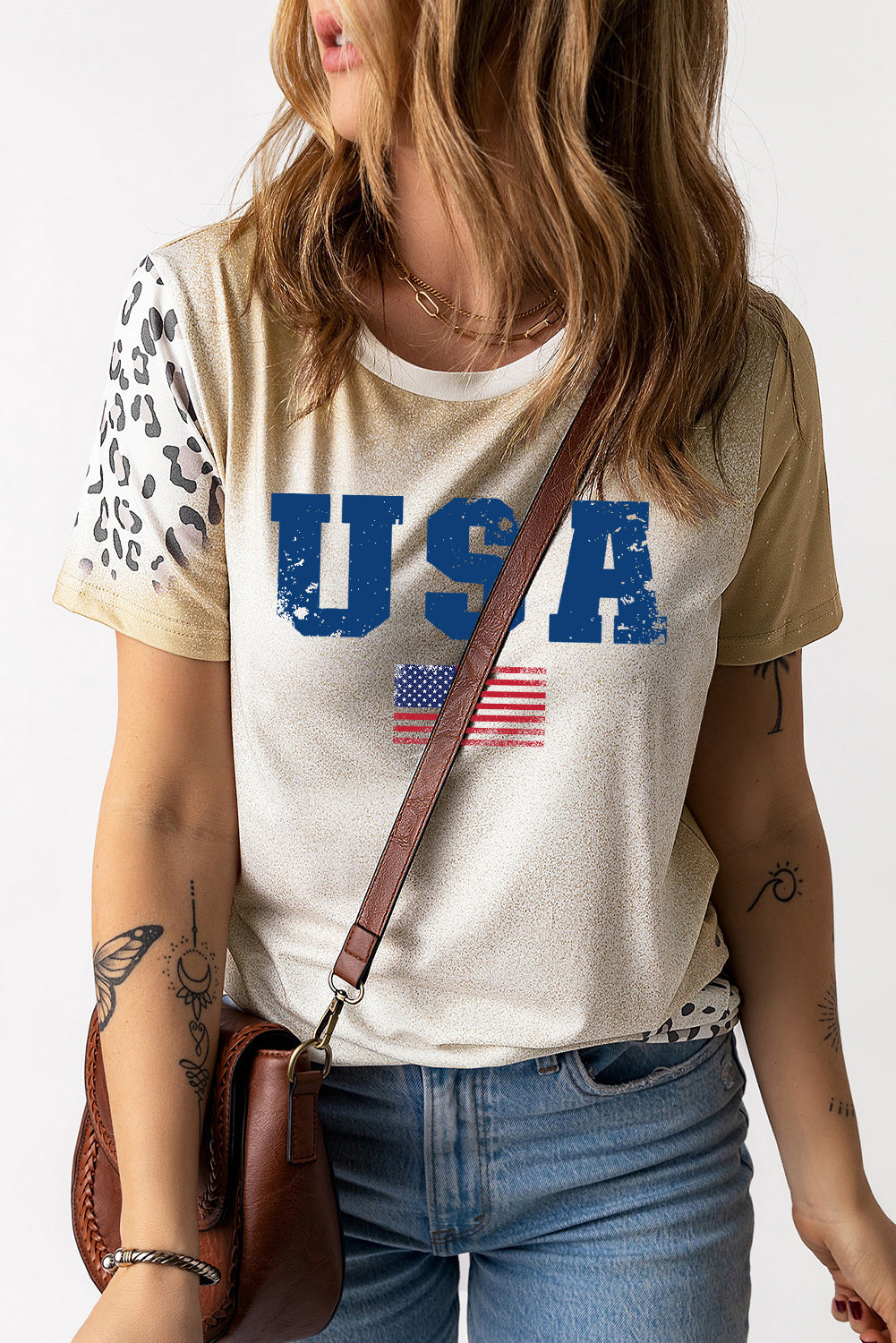 Glitter USA Graphic T-Shirt with Leopard Accent