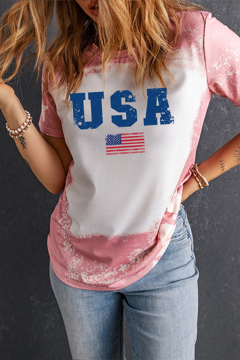 Tie Dye USA Bleached Graphic T-Shirt with Flag Print