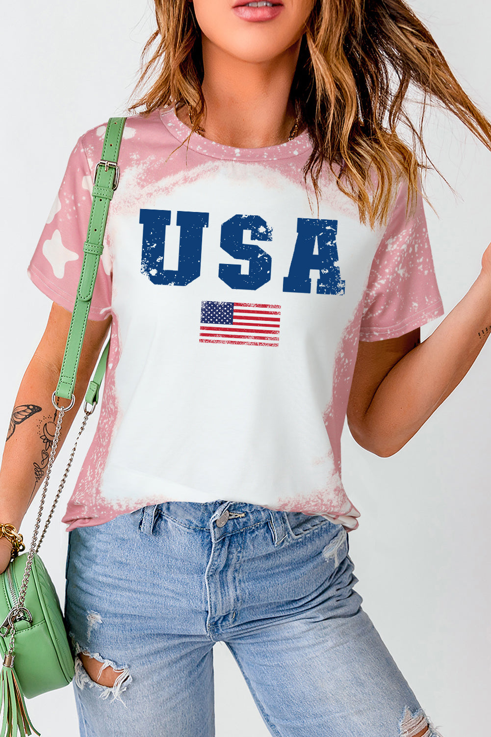 Tie Dye USA Bleached Graphic T-Shirt with Flag Print