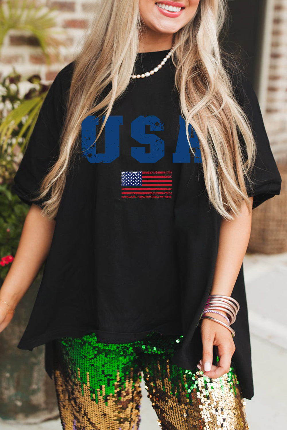 USA Graphic Loose Fit Tee with Half Sleeves