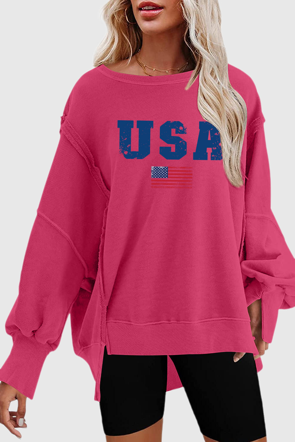 Drop Shoulder USA Graphic Sweatshirt with High Low Hem