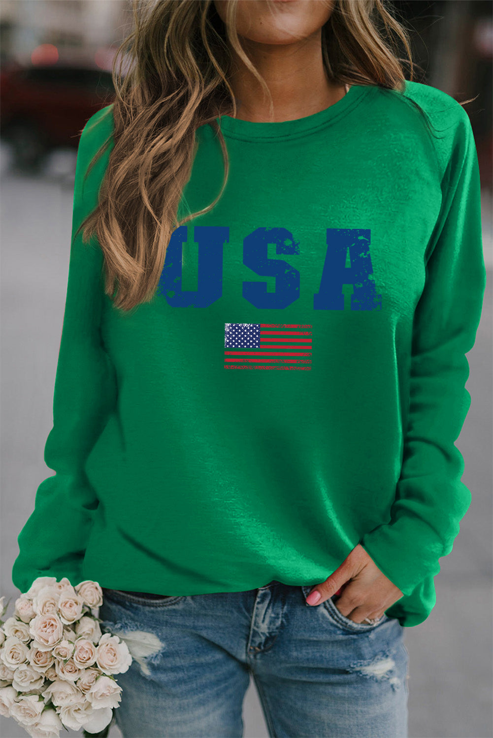 Cozy Fit Green USA Flag Print Pullover