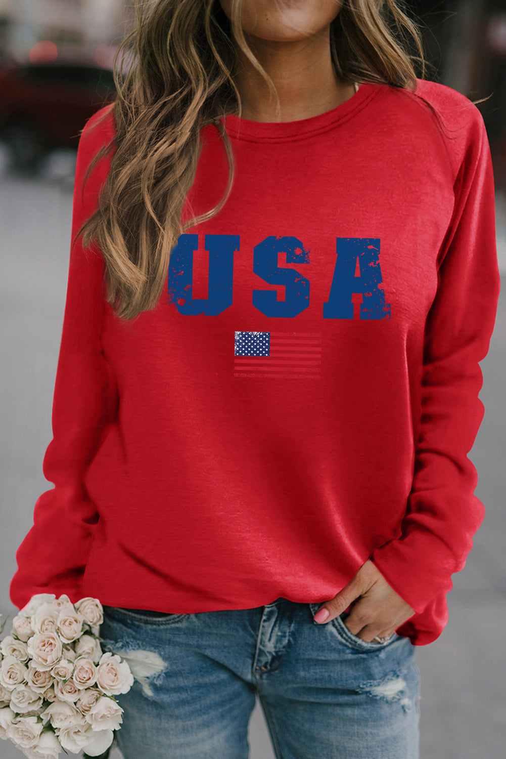 Cozy Fit Green USA Flag Print Pullover