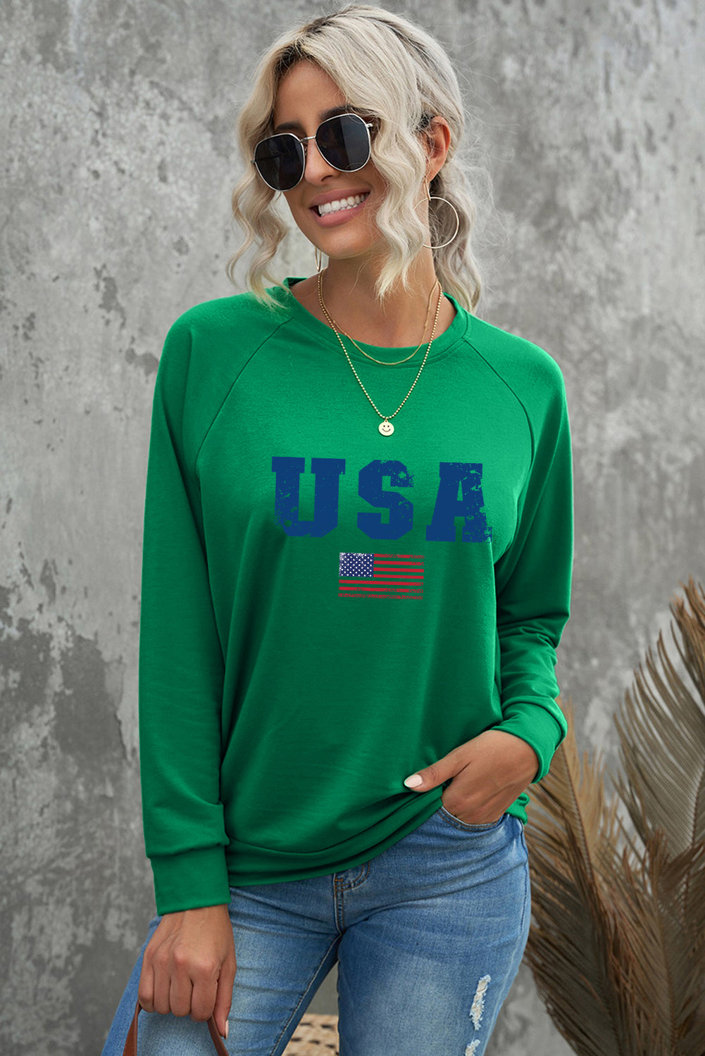 Cozy Fit Green USA Flag Print Pullover