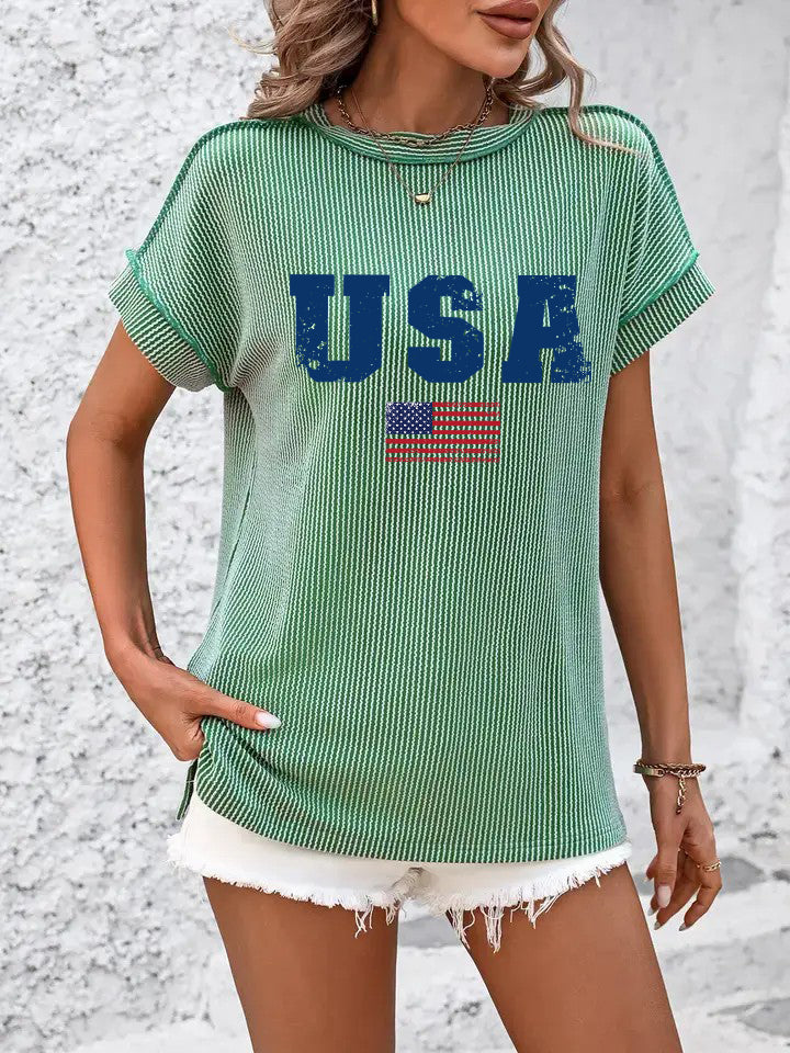 Green USA Graphic Knit Top with Vintage Style