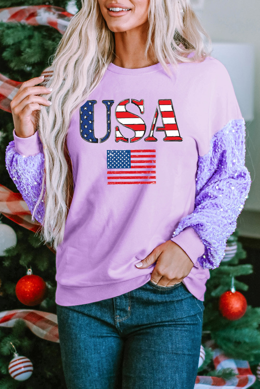 Sequin Sleeve USA Flag Graphic Long Sleeve Sweatshirt