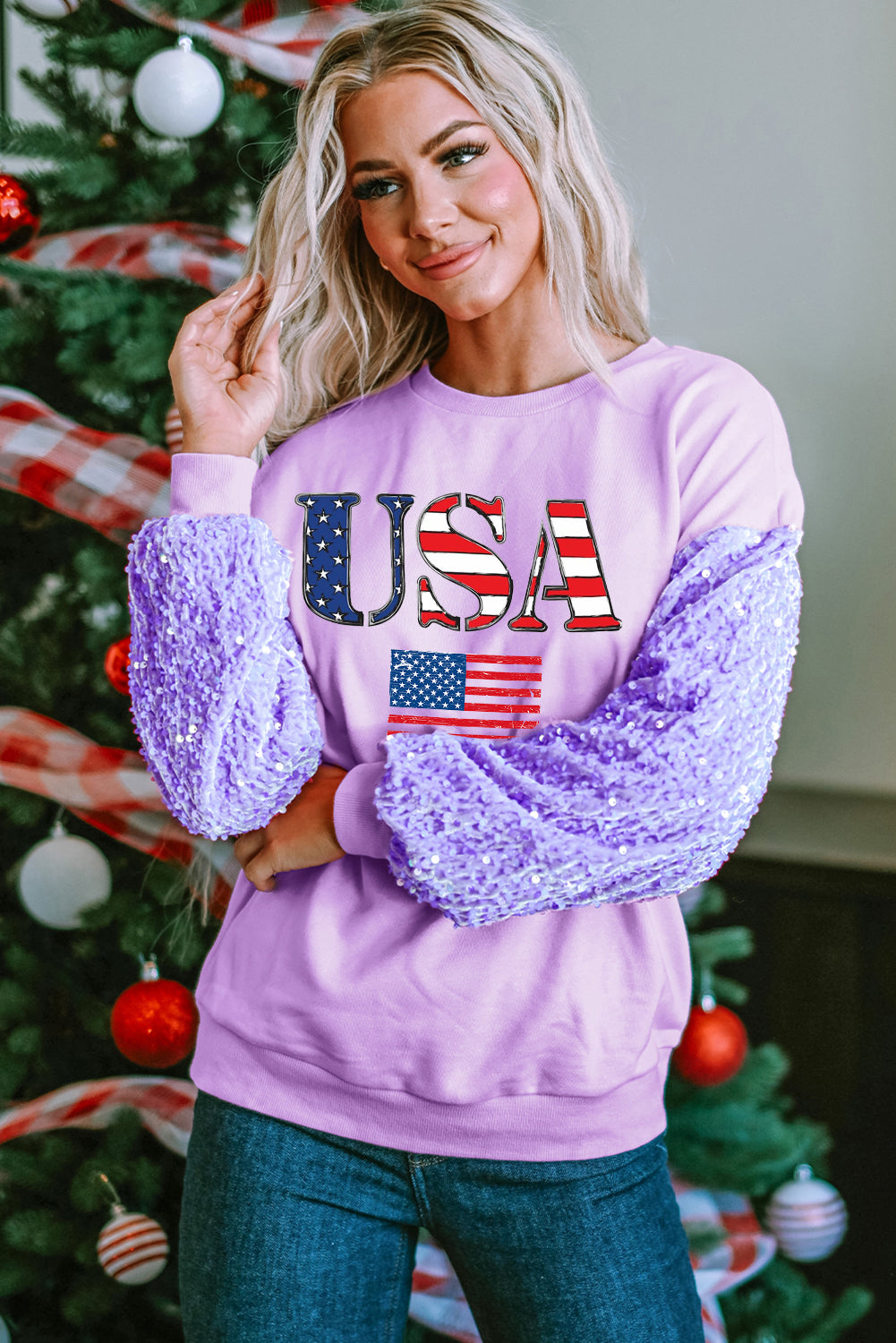 Sequin Sleeve USA Flag Graphic Long Sleeve Sweatshirt