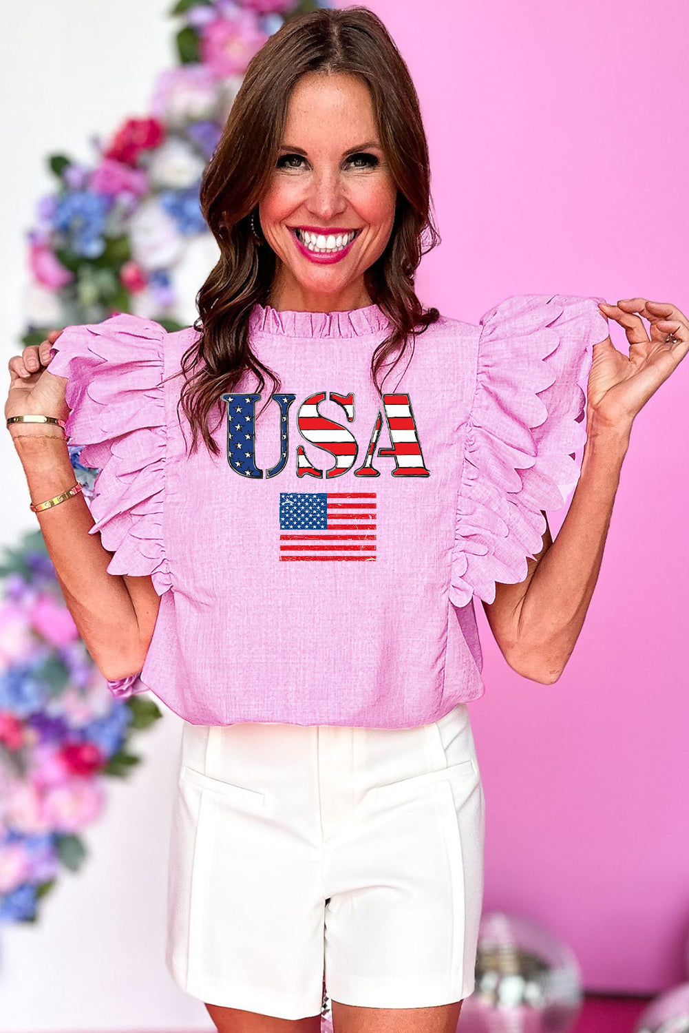 USA Flag Graphic Top with Scalloped Ruffle Sleeves