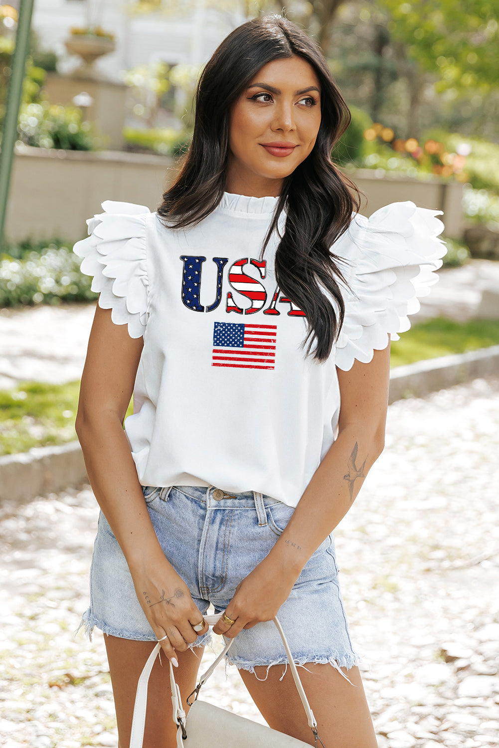 USA Flag Graphic Top with Scalloped Ruffle Sleeves