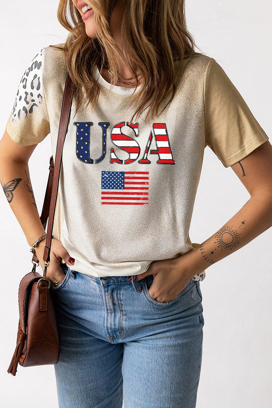 Leopard Sleeve USA Flag Graphic Crew Neck Tee