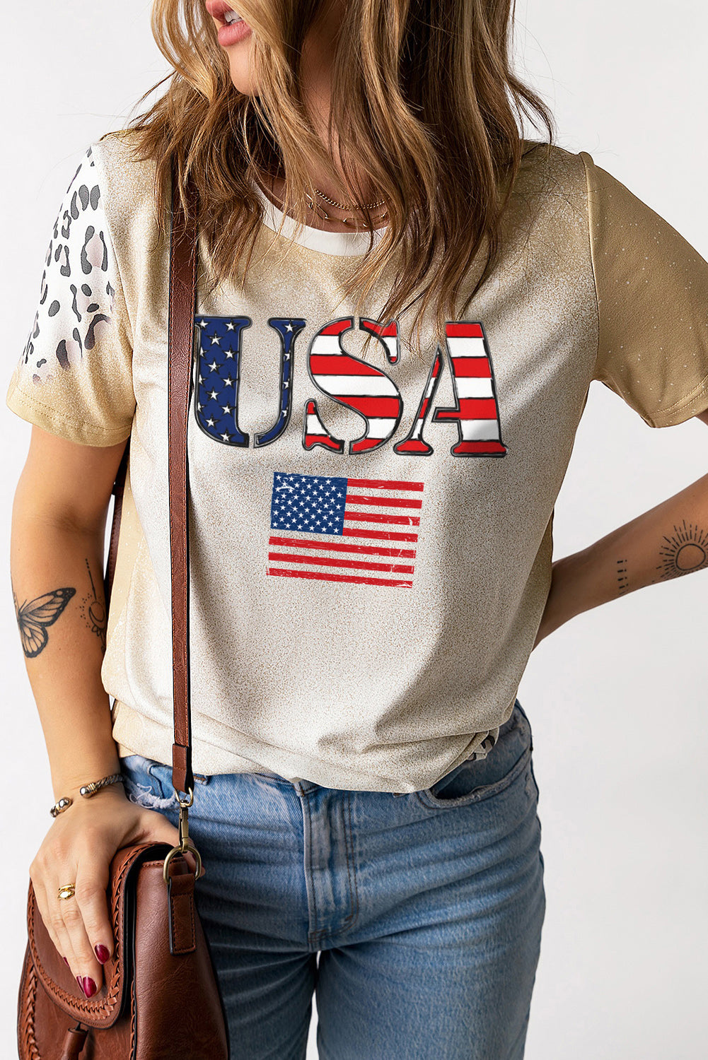 Leopard Sleeve USA Flag Graphic Crew Neck Tee