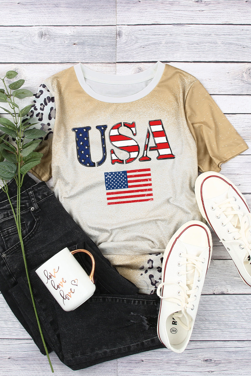 Leopard Sleeve USA Flag Graphic Crew Neck Tee