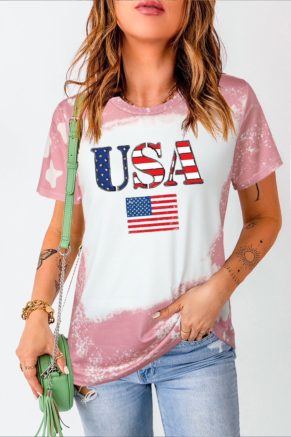 USA Flag Bleached Tie Dye Crew Neck T-shirt for Women