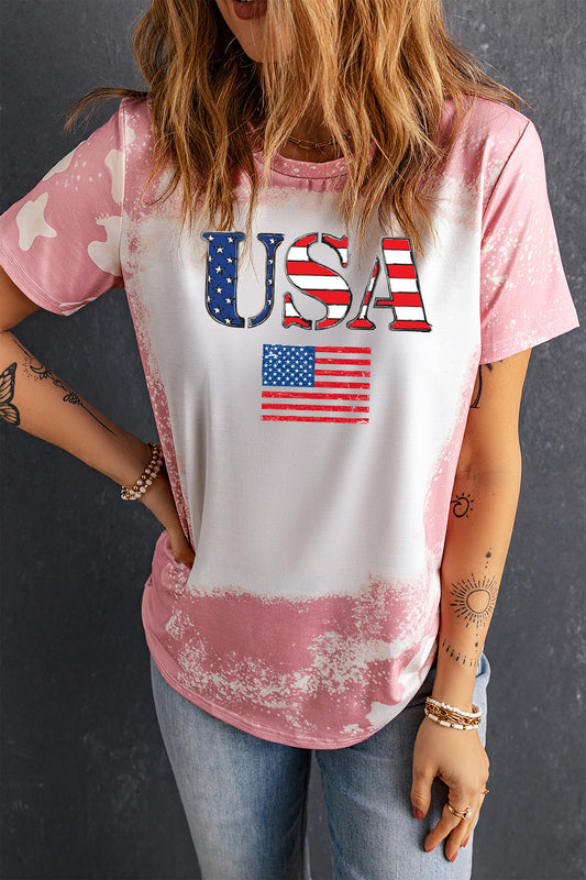 USA Flag Bleached Tie Dye Crew Neck T-shirt for Women