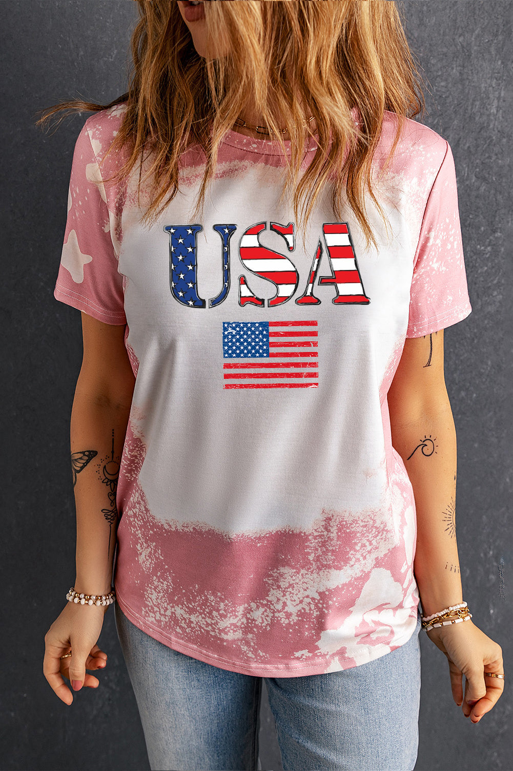 USA Flag Bleached Tie Dye Crew Neck T-shirt for Women