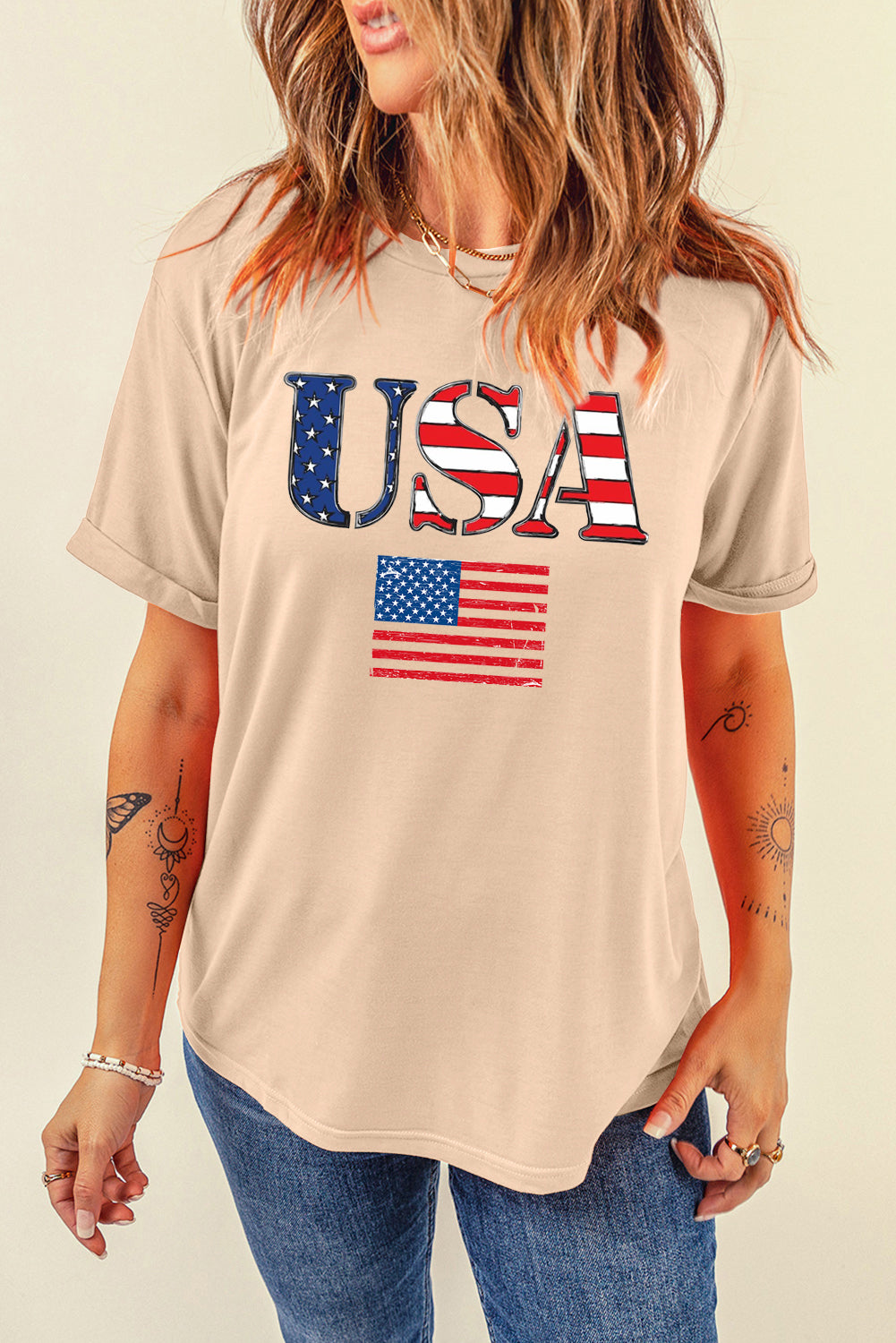 Patriotic USA Print Casual Crew Neck Tee