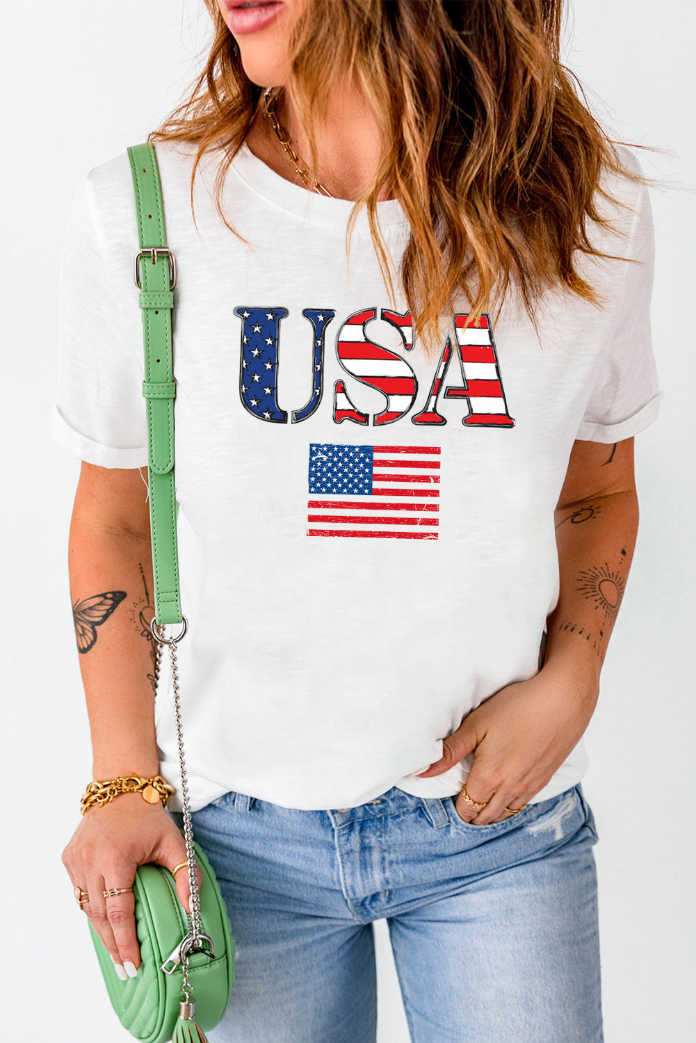Patriotic USA Print Casual Crew Neck Tee