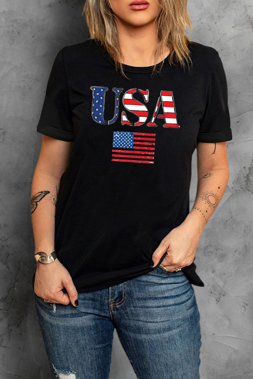 Patriotic USA Print Casual Crew Neck Tee
