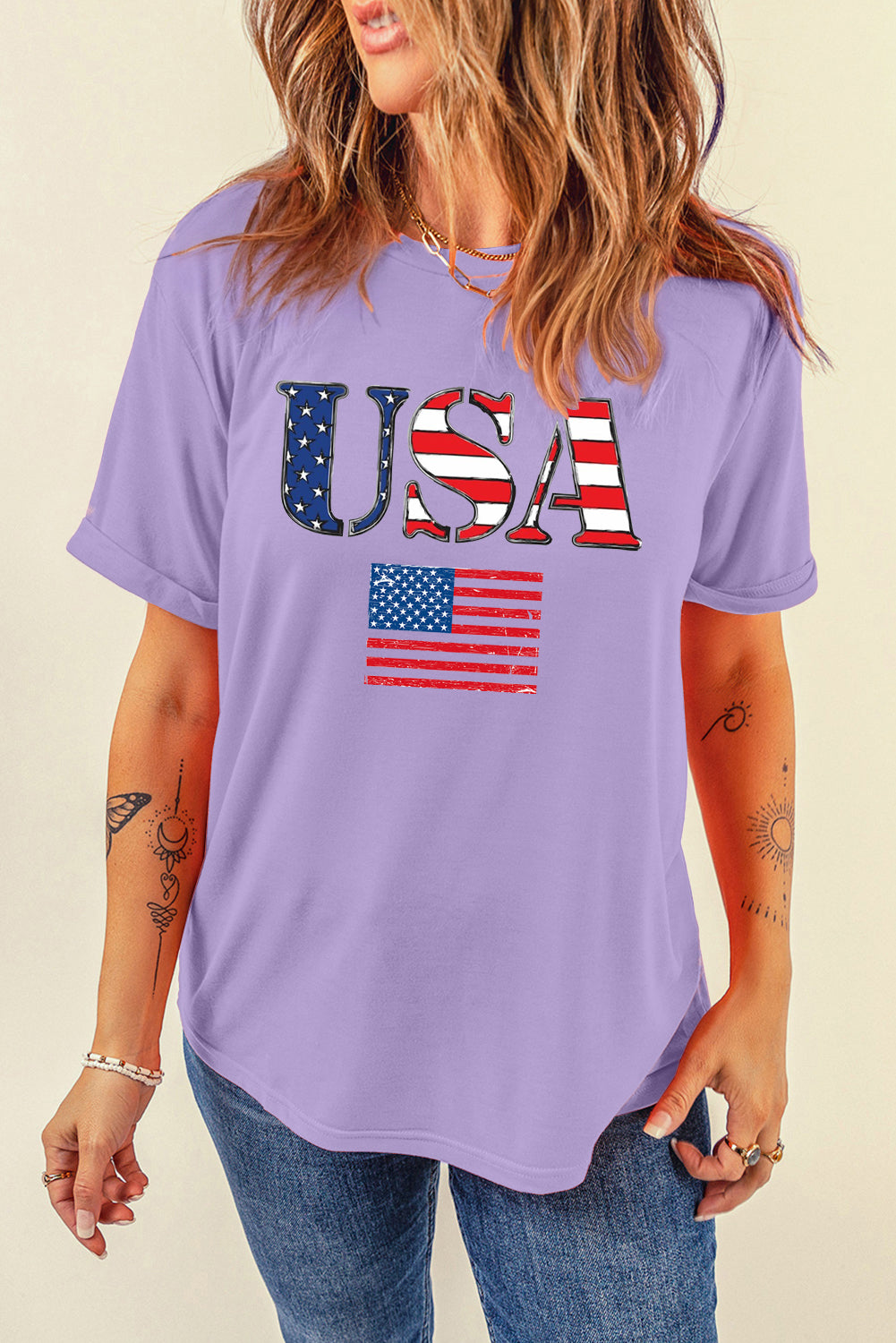 Patriotic USA Print Casual Crew Neck Tee