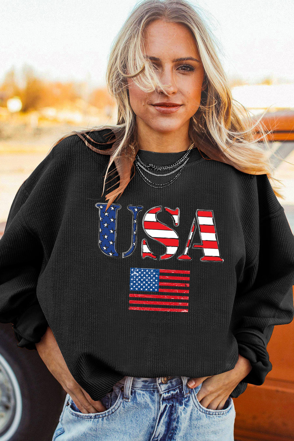 USA Print Ribbed Corduroy Sweatshirt for Casual Style