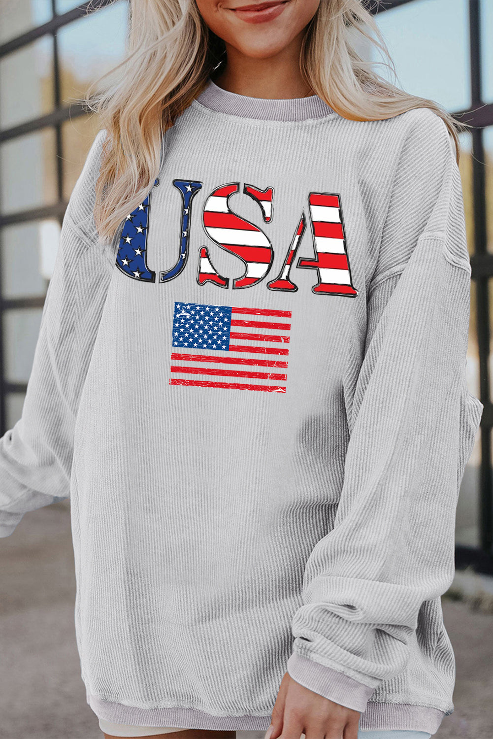 USA Print Ribbed Corduroy Sweatshirt for Casual Style