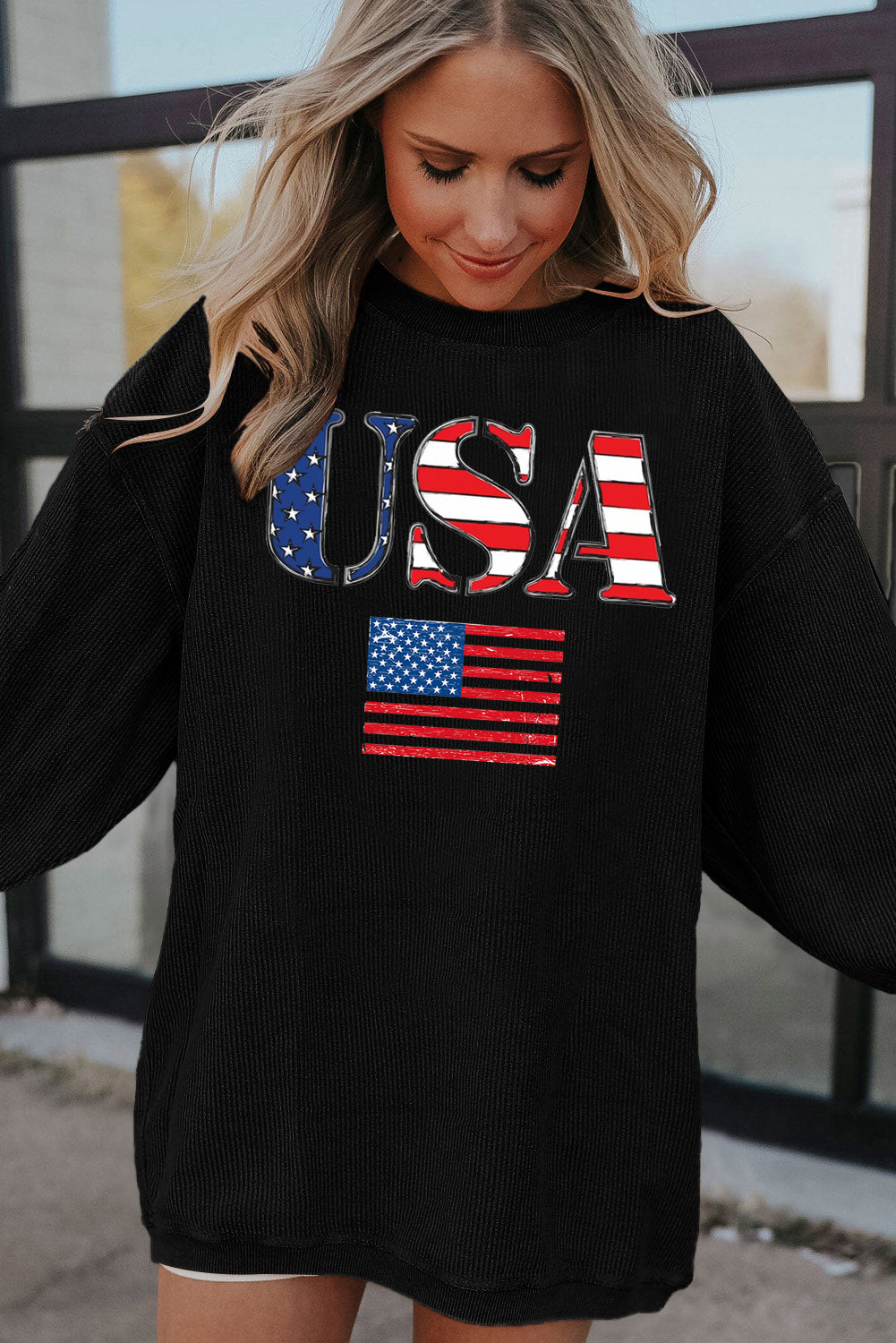 USA Print Ribbed Corduroy Sweatshirt for Casual Style