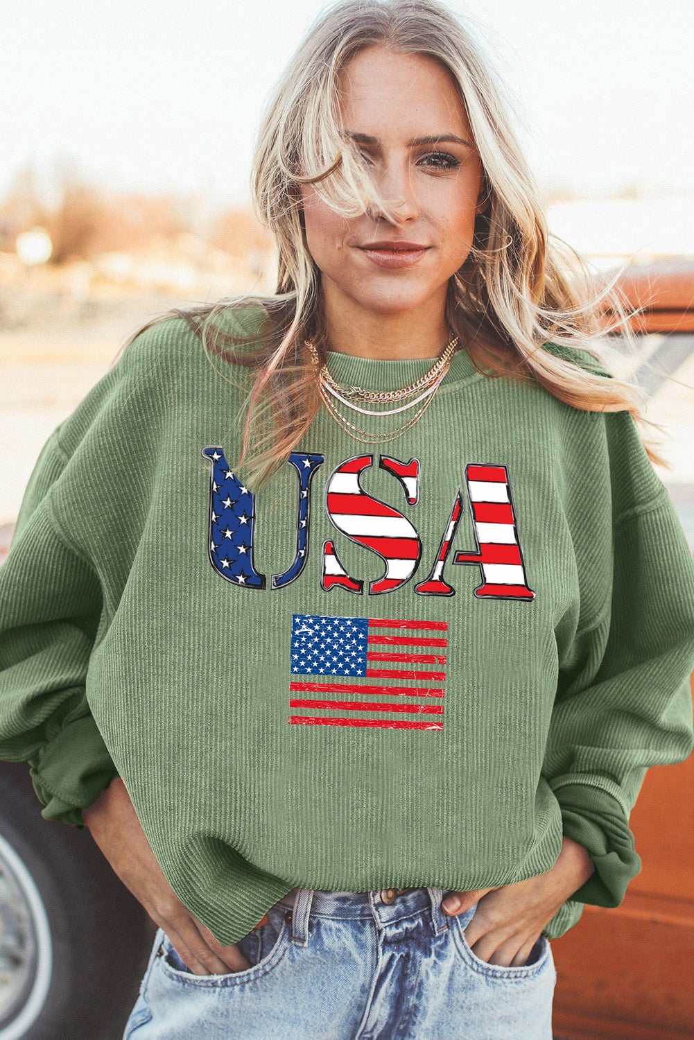 USA Print Ribbed Corduroy Sweatshirt for Casual Style