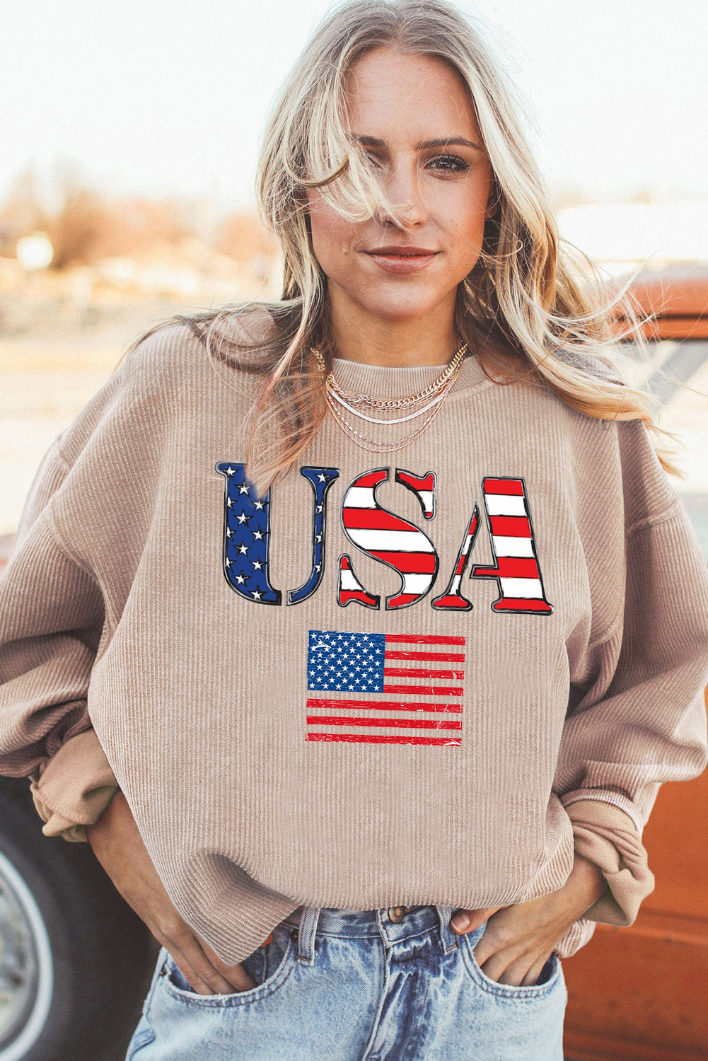 USA Print Ribbed Corduroy Sweatshirt for Casual Style