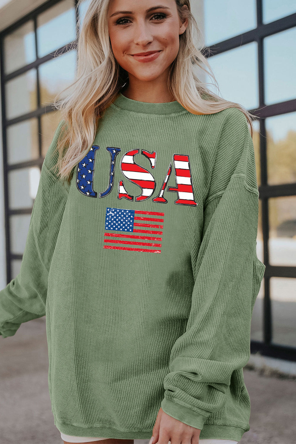 USA Print Ribbed Corduroy Sweatshirt for Casual Style