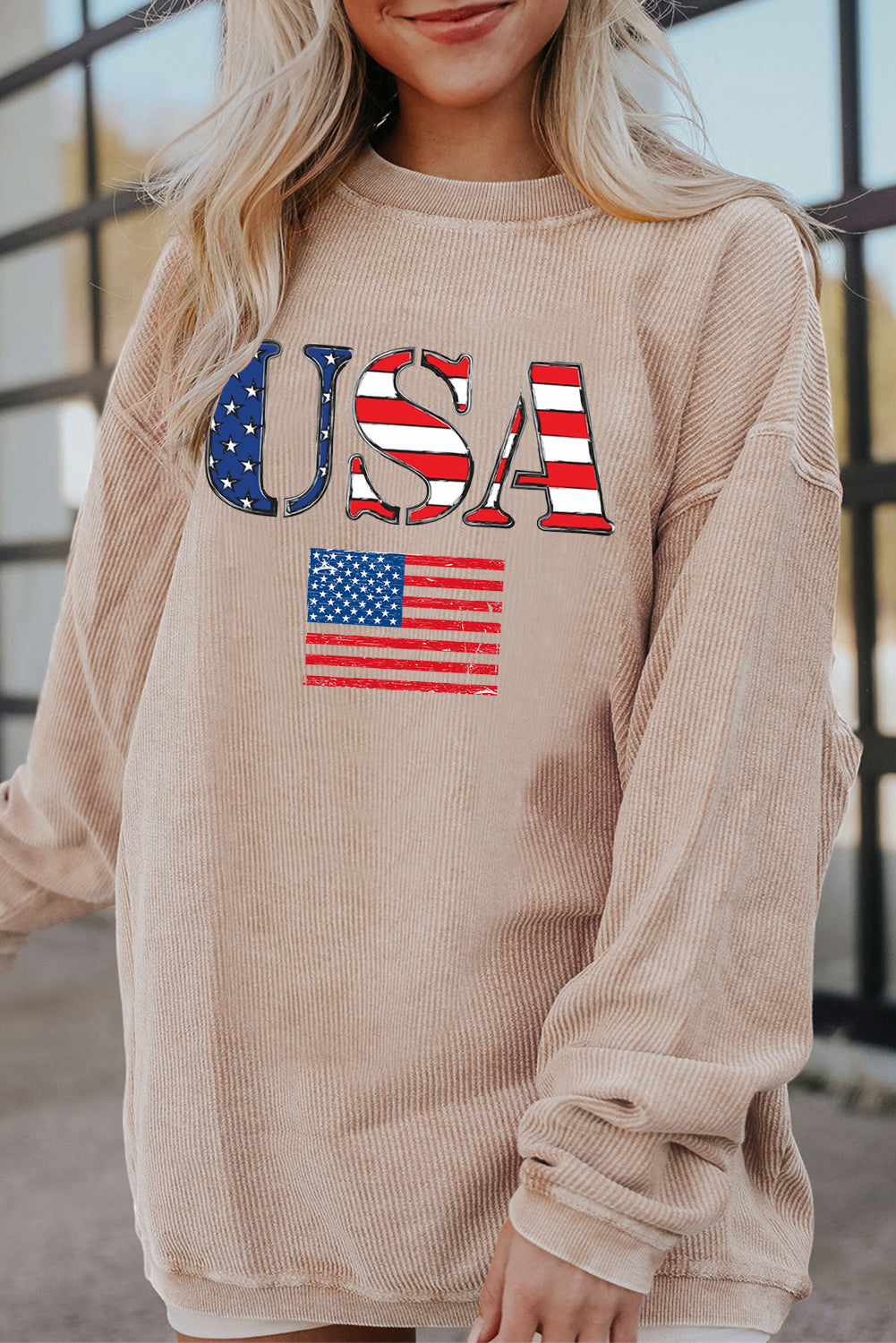 USA Print Ribbed Corduroy Sweatshirt for Casual Style