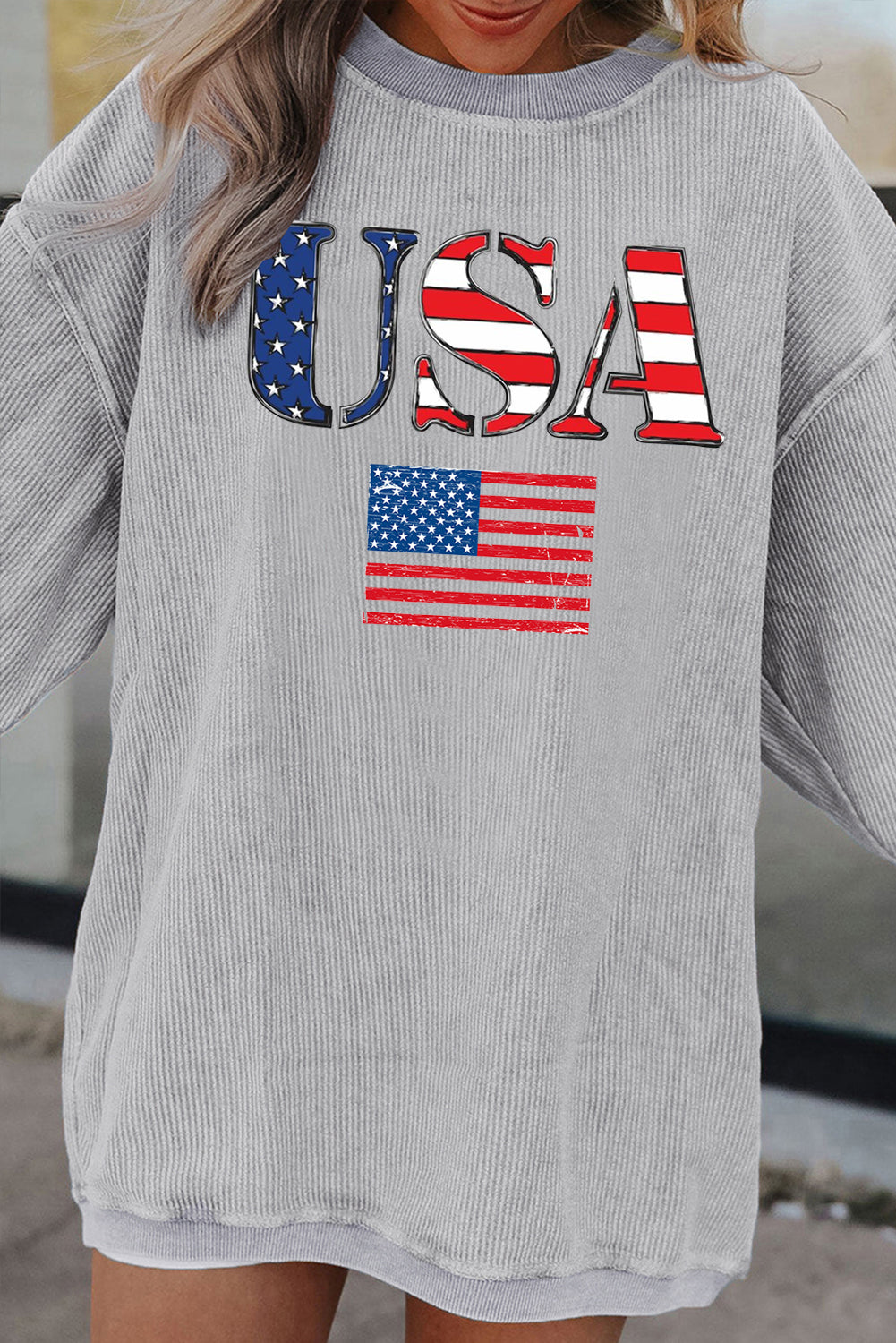USA Print Ribbed Corduroy Sweatshirt for Casual Style