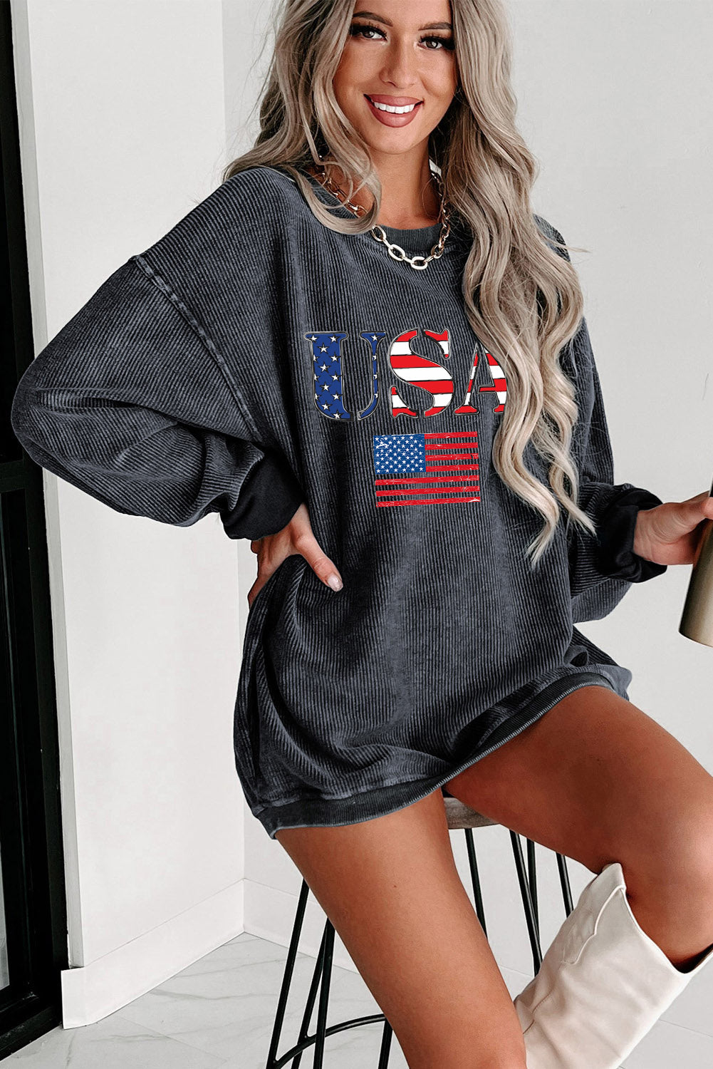Cozy USA Flag Print Corduroy Pullover