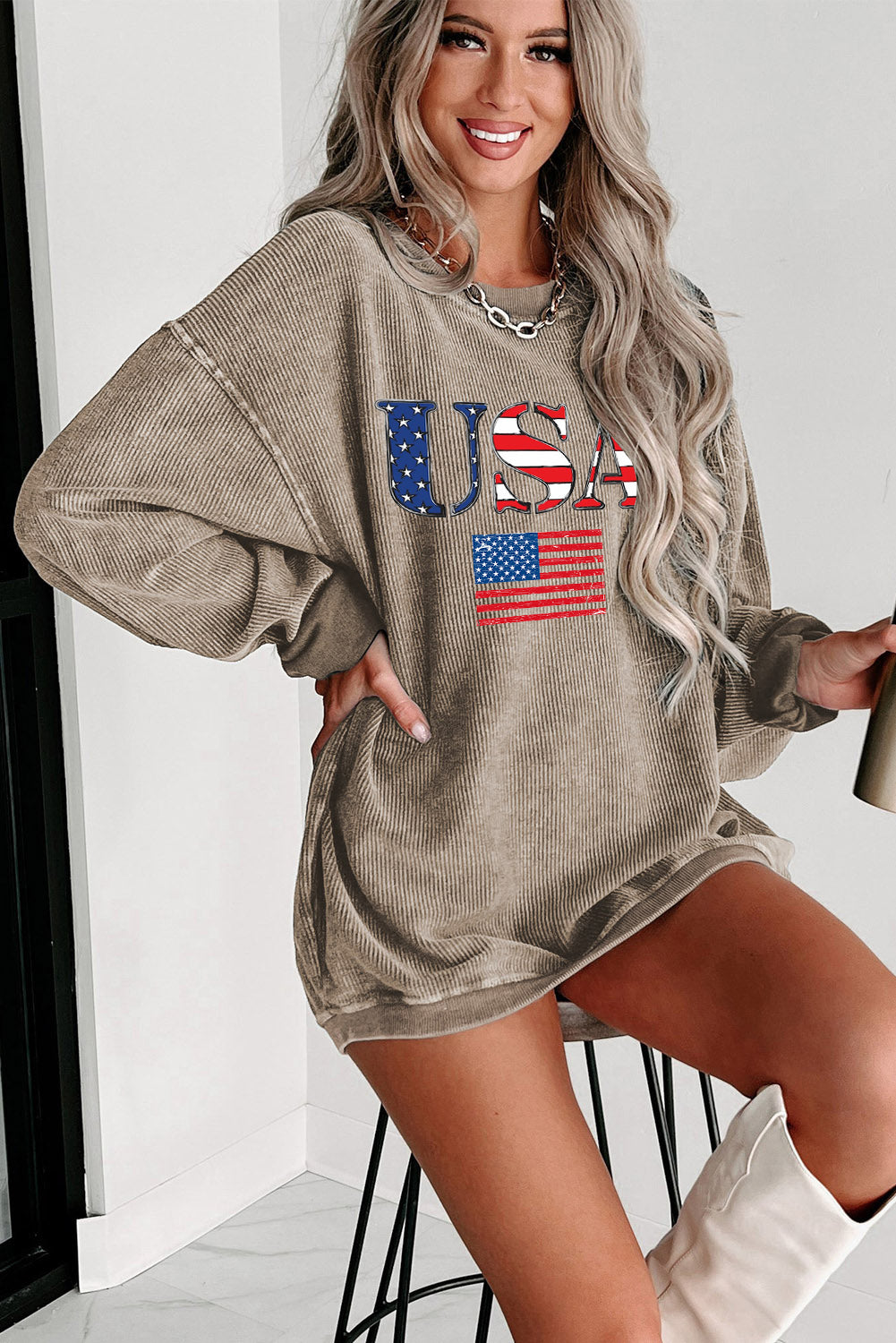 Cozy USA Flag Print Corduroy Pullover