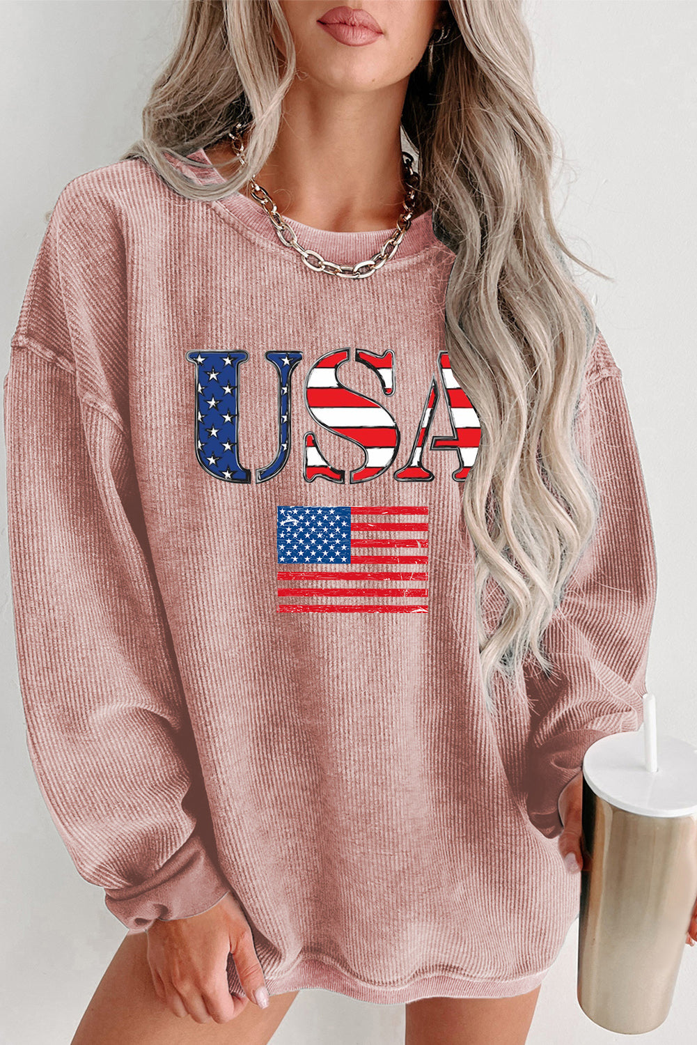 Cozy USA Flag Print Corduroy Pullover