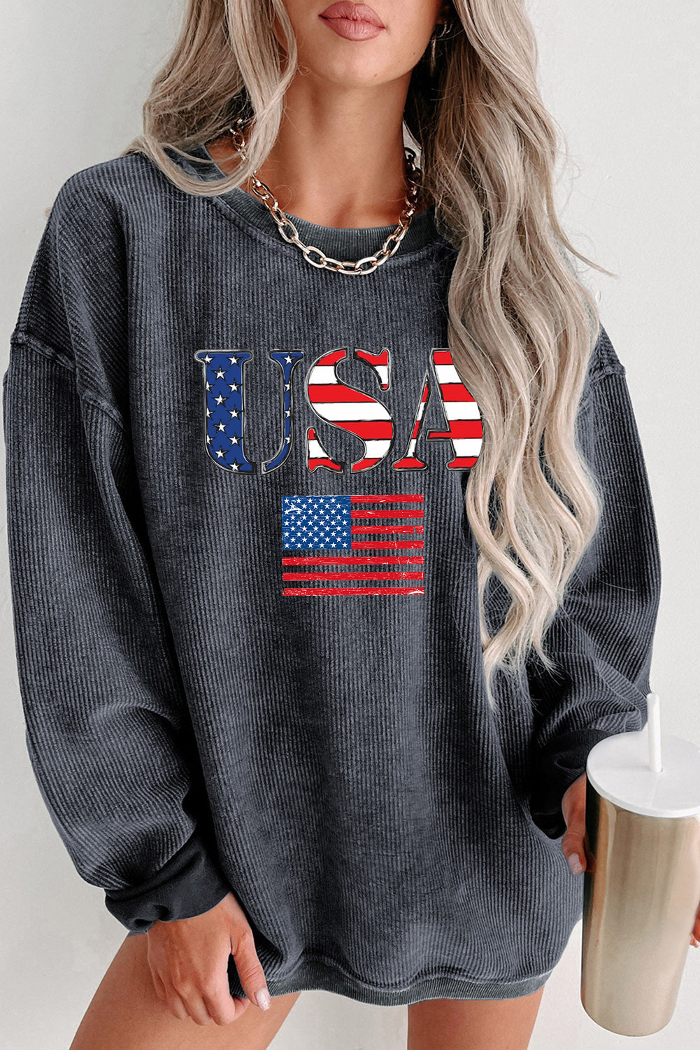 Cozy USA Flag Print Corduroy Pullover