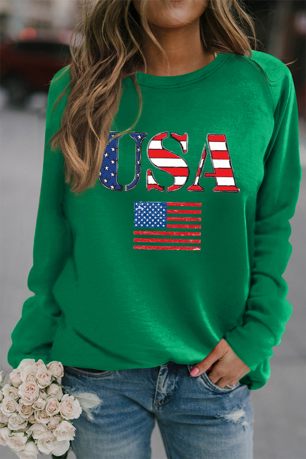 Bold USA Flag Graphic Round Neck Sweatshirt
