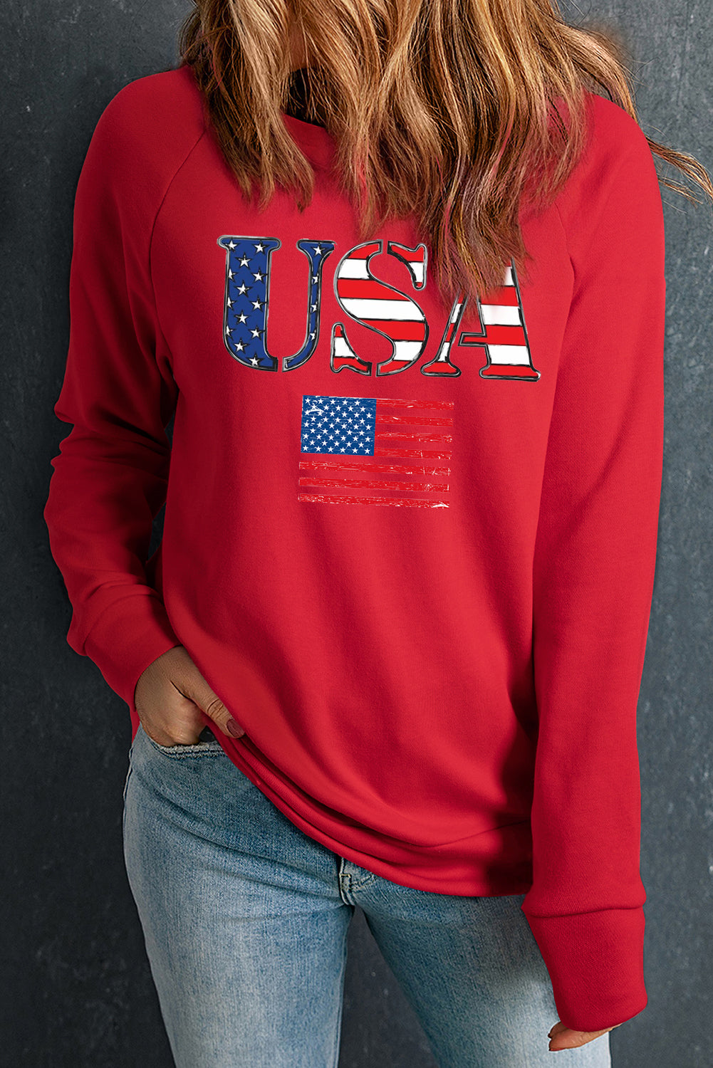 Bold USA Flag Graphic Round Neck Sweatshirt