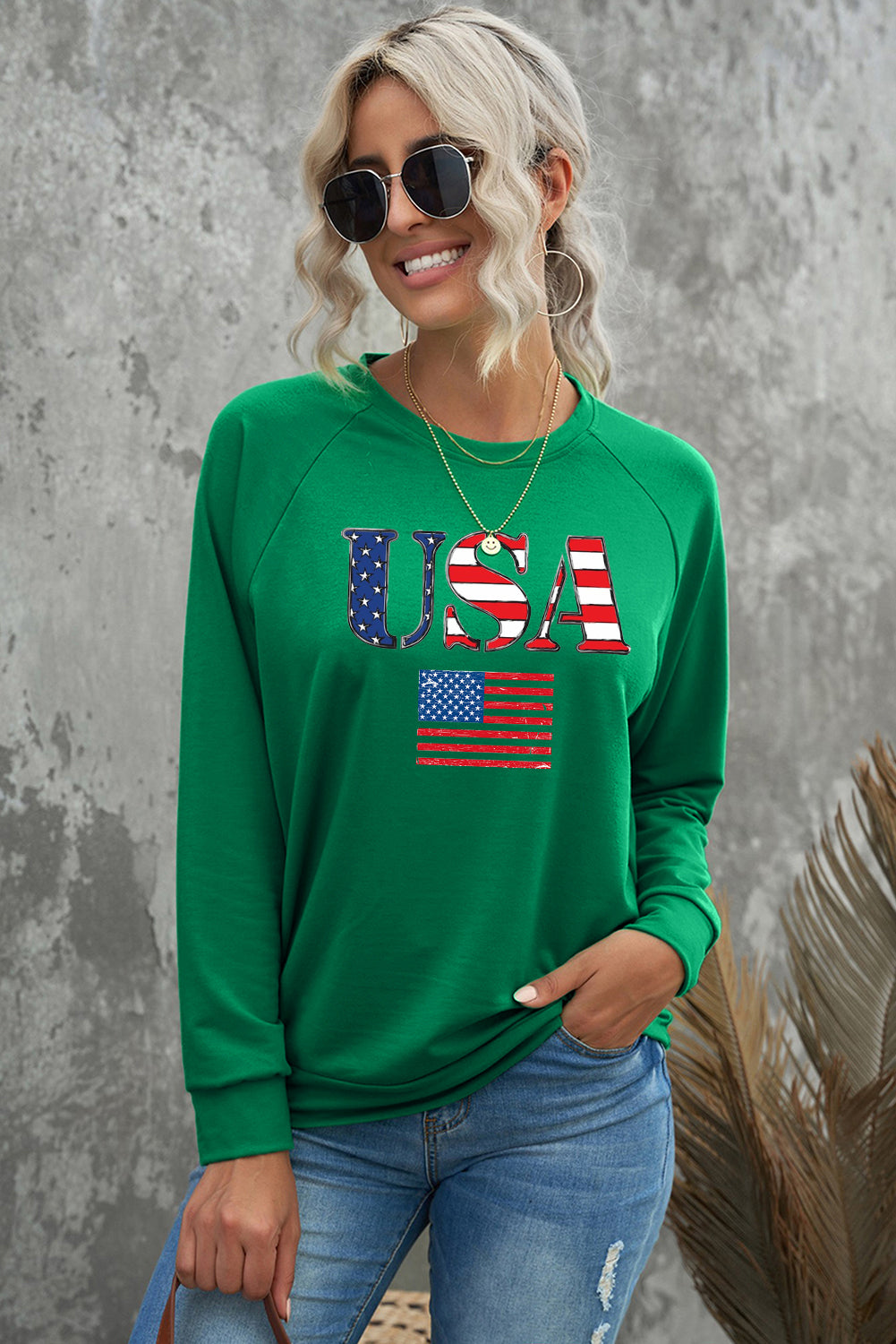 Bold USA Flag Graphic Round Neck Sweatshirt