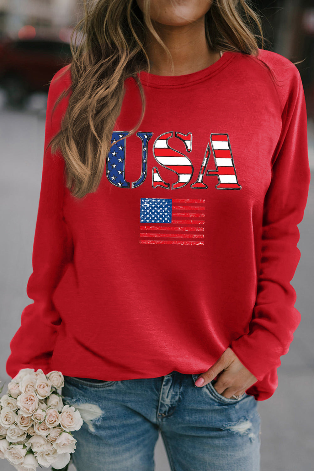 Bold USA Flag Graphic Round Neck Sweatshirt