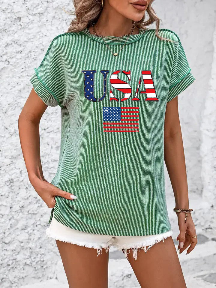 USA Flag Graphic Ribbed Short Sleeve Top