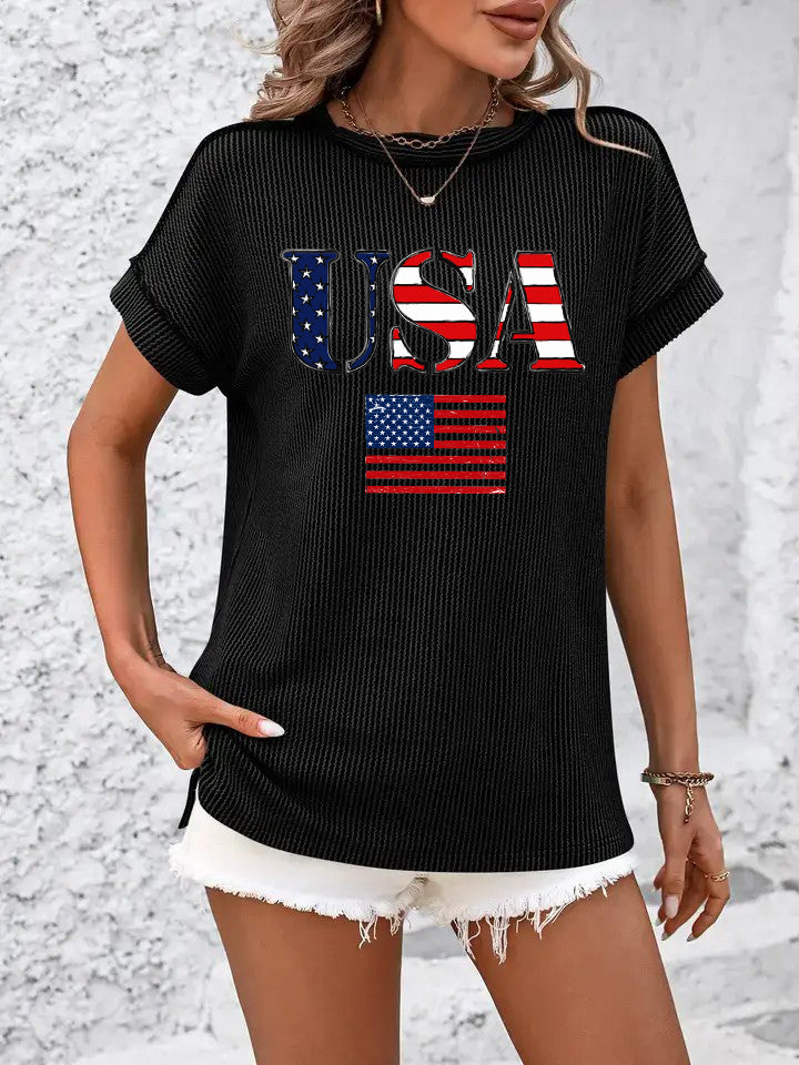 USA Flag Graphic Ribbed Short Sleeve Top