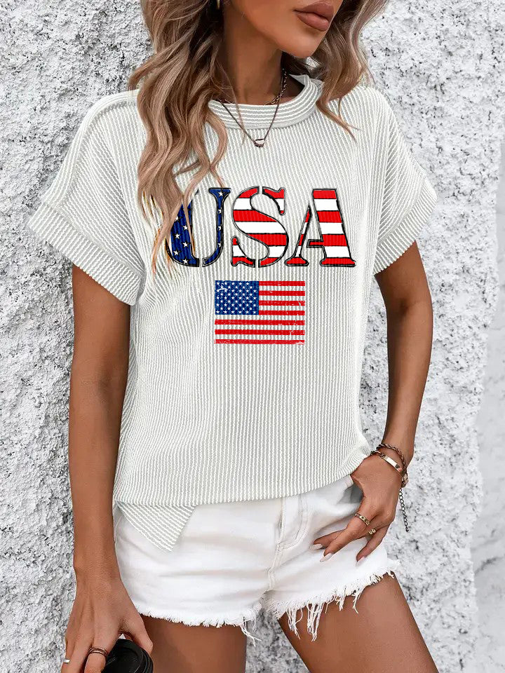 USA Flag Graphic Ribbed Short Sleeve Top