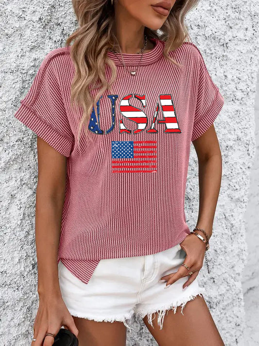 USA Flag Graphic Ribbed Short Sleeve Top