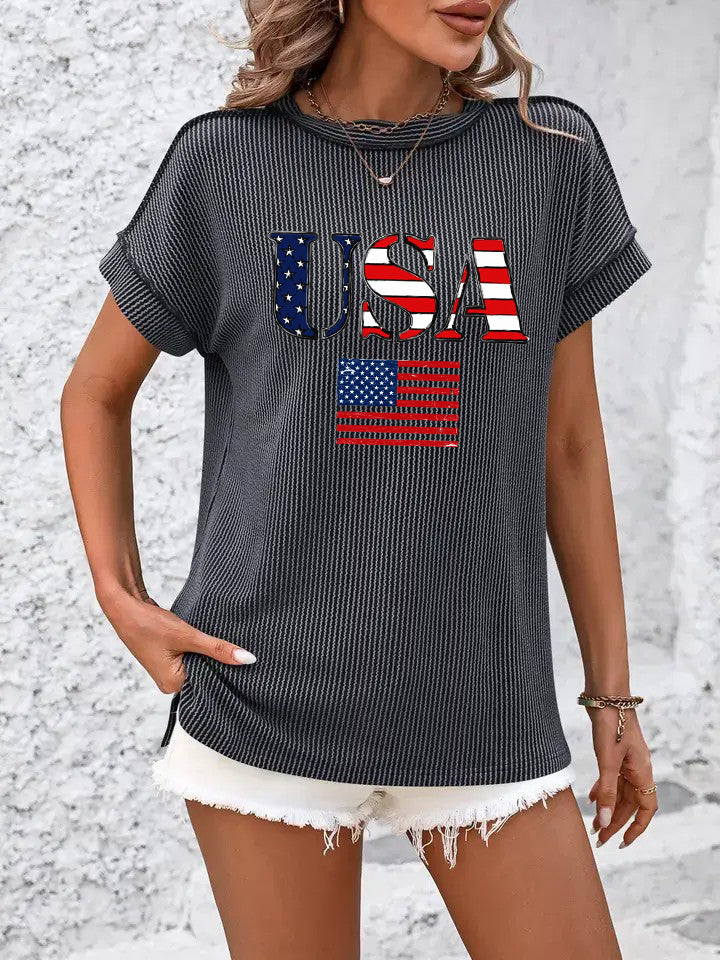 USA Flag Graphic Ribbed Short Sleeve Top