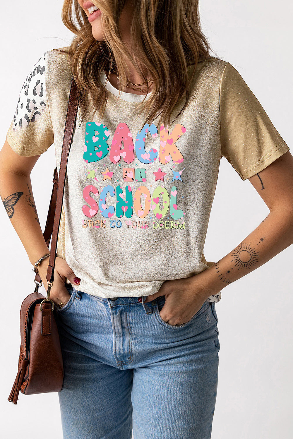 Bleached Back to School Top with Animal Print Sleeves