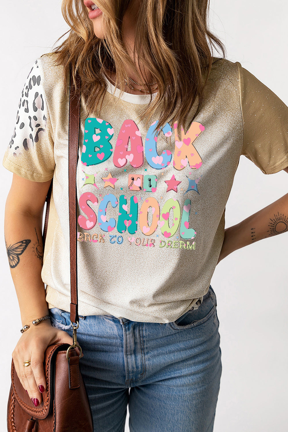 Bleached Back to School Top with Animal Print Sleeves