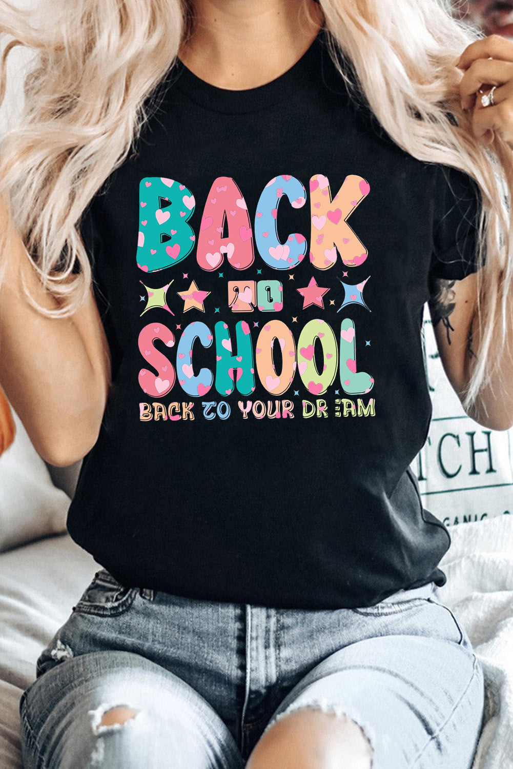 Lavender Back to School Tee with Colorful Letter Graphic