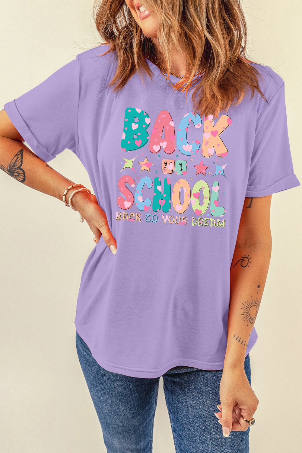 Lavender Back to School Tee with Colorful Letter Graphic