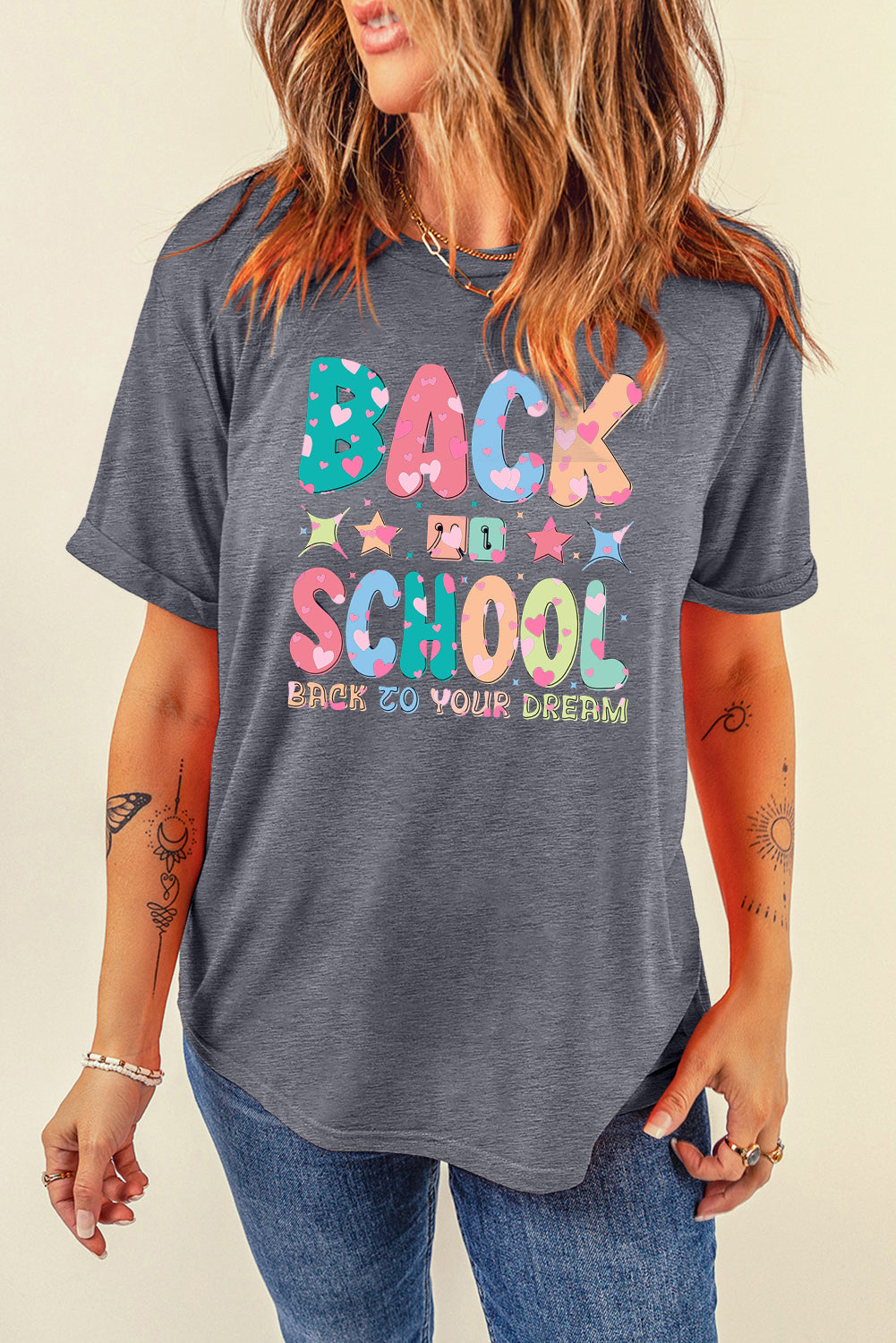 Lavender Back to School Tee with Colorful Letter Graphic