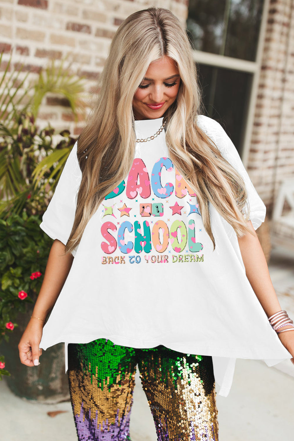 Oversized Back to School Tee with Hi-Low Hem Design